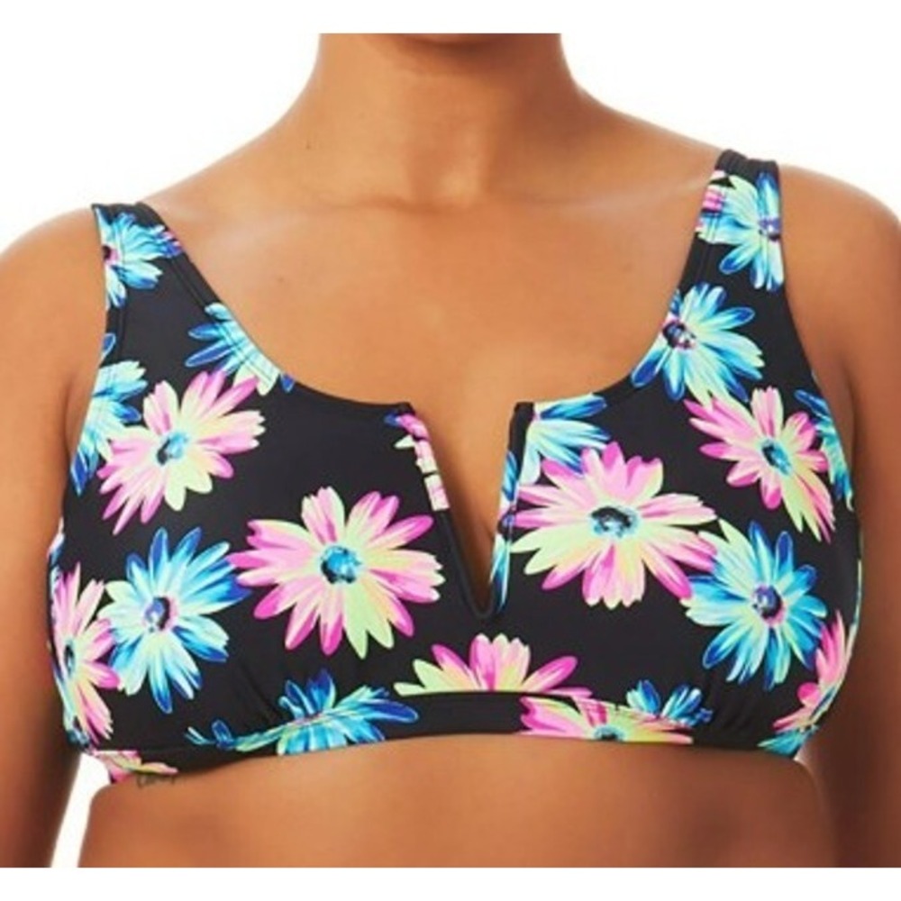 California Waves Women's 12/14 V-Wire Plunge Bikini Swim Top Multi Daisy NWT